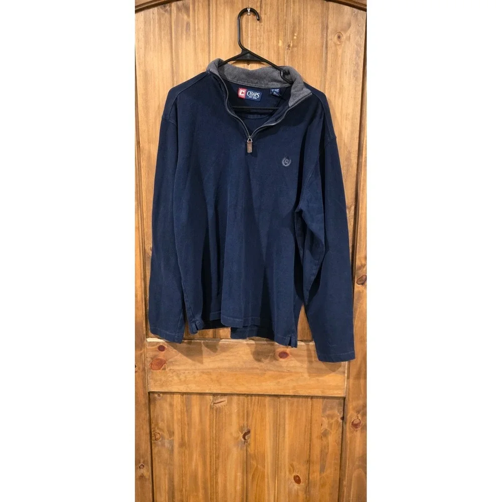Chaps Sweater Mens Size M Navy Blue Logo Tight Knit 1/4 Zip Long Sleeve Pullover